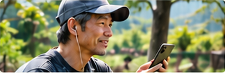 ラジオを聞くの利用イメージ：イヤホンで聞く男性